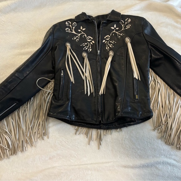 Black/Cream Fringe Rare Leather Jacket and Chaps. Excellent condition. Sz Medium - Picture 14 of 16